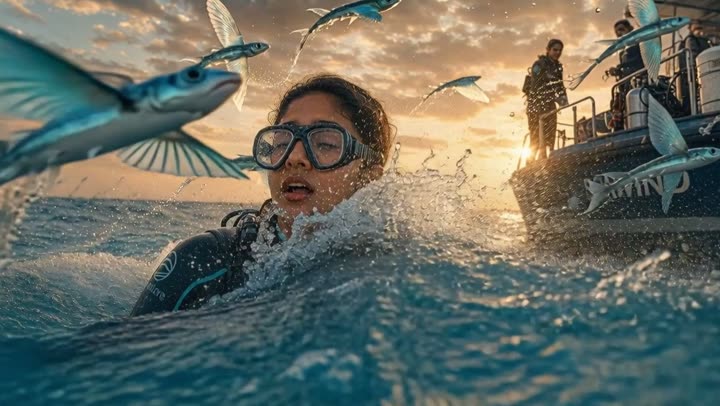 Generated shot: a swimmer in goggles surrounded by flying fish
