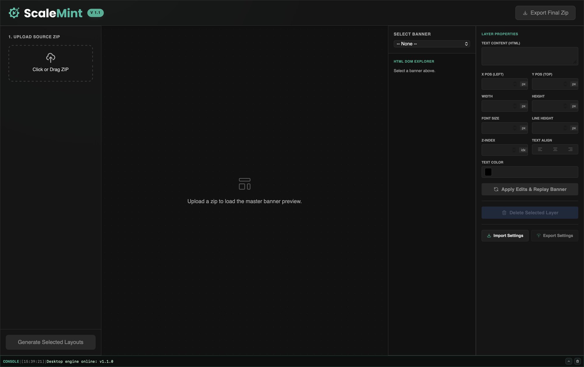 Scalemint desktop app with banner preview, DOM explorer and layer properties panels