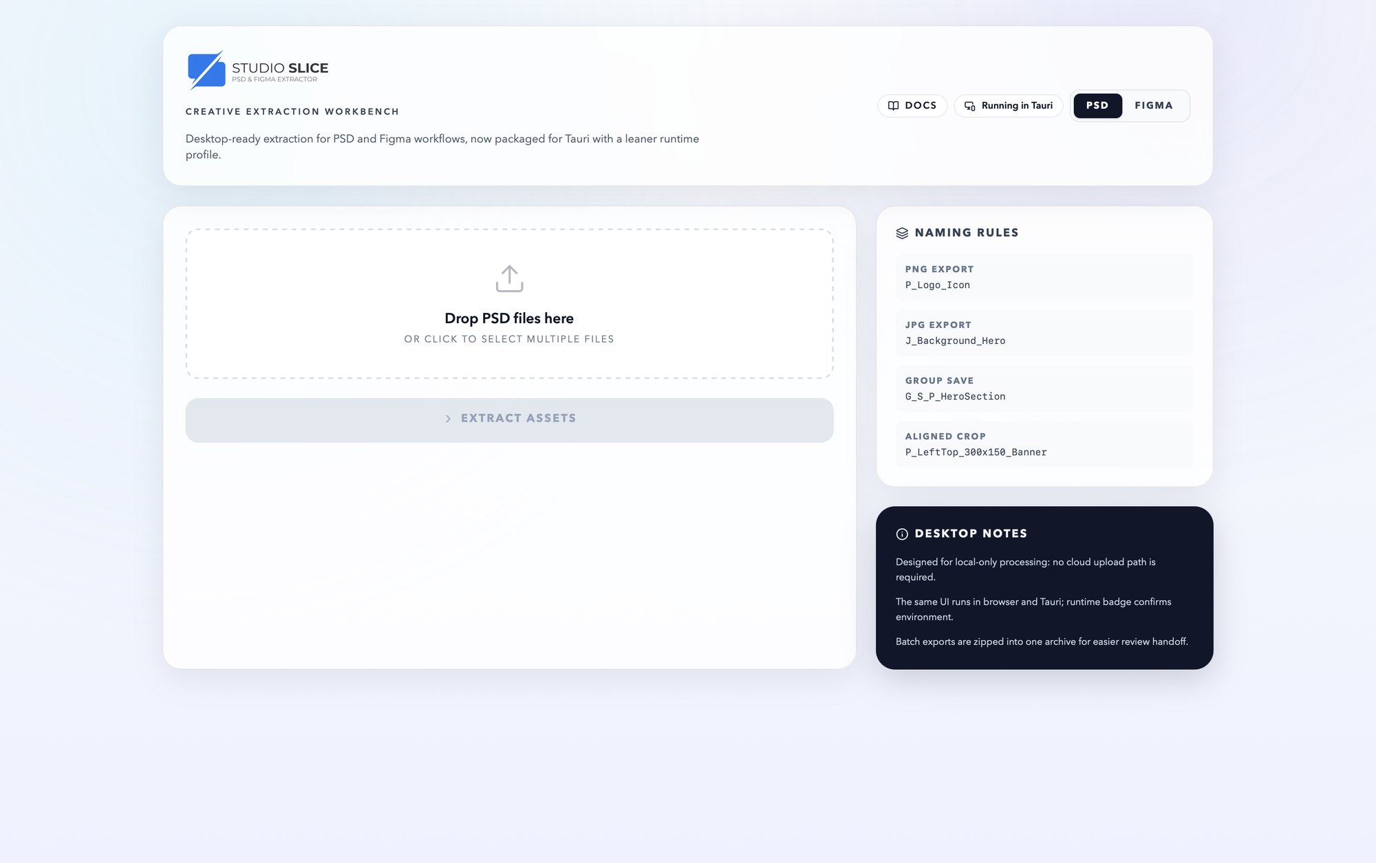 Studio Slice app: drop zone for PSD files, naming rules and desktop notes